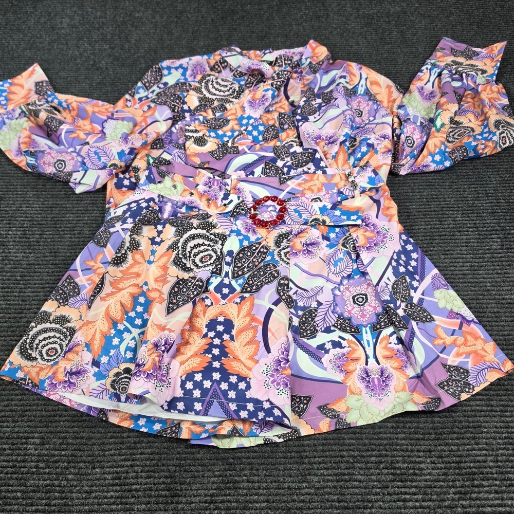Beulah 2PC Shorts Set Large Purple Floral Tie Neck Long Sleeve Belt Size Large
